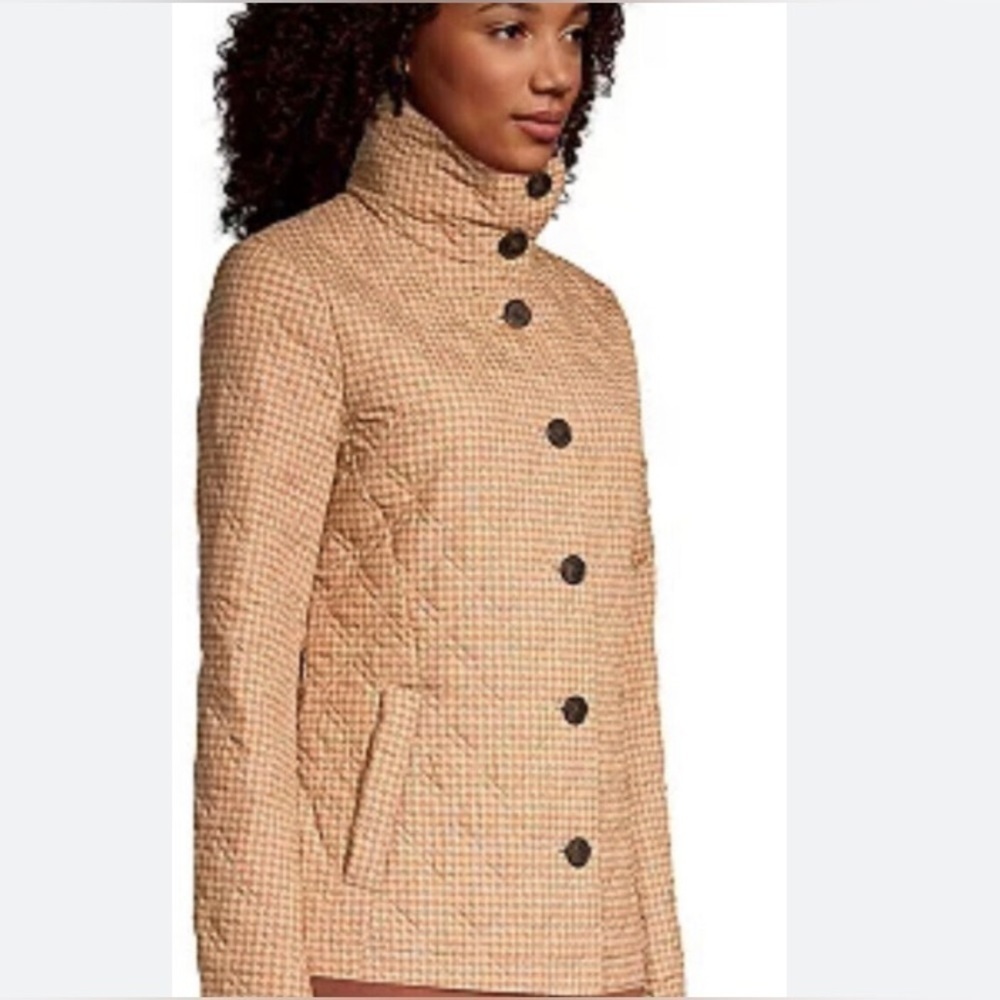 LAND’S END SZ 1X  (16-18) Houndstooth Quilted Funnel Collar Packable Jacket Coat